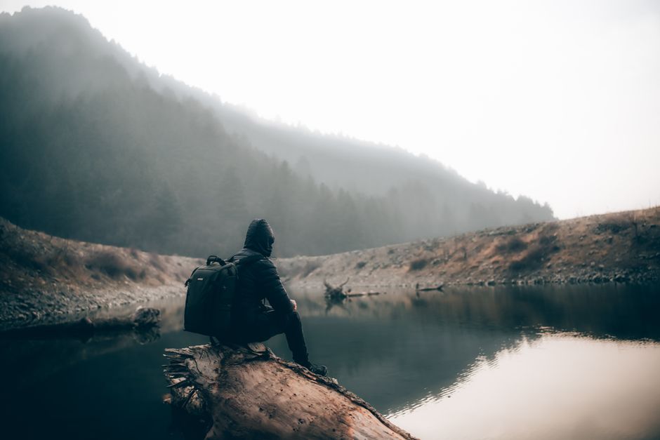 A lone traveler rests on a log by a misty lake, surrounded by serene nature.