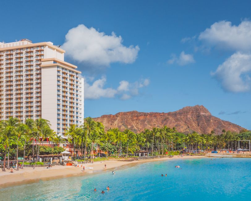 Beautiful view of Waikiki Beach with Diamond Head in the background, capturing a tropical vacation vibe.