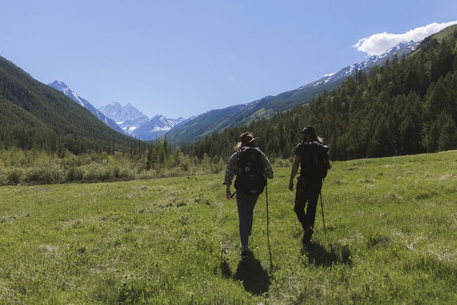 Two hikers explore the scenic Altay mountains, surrounded by lush fields and clear skies.